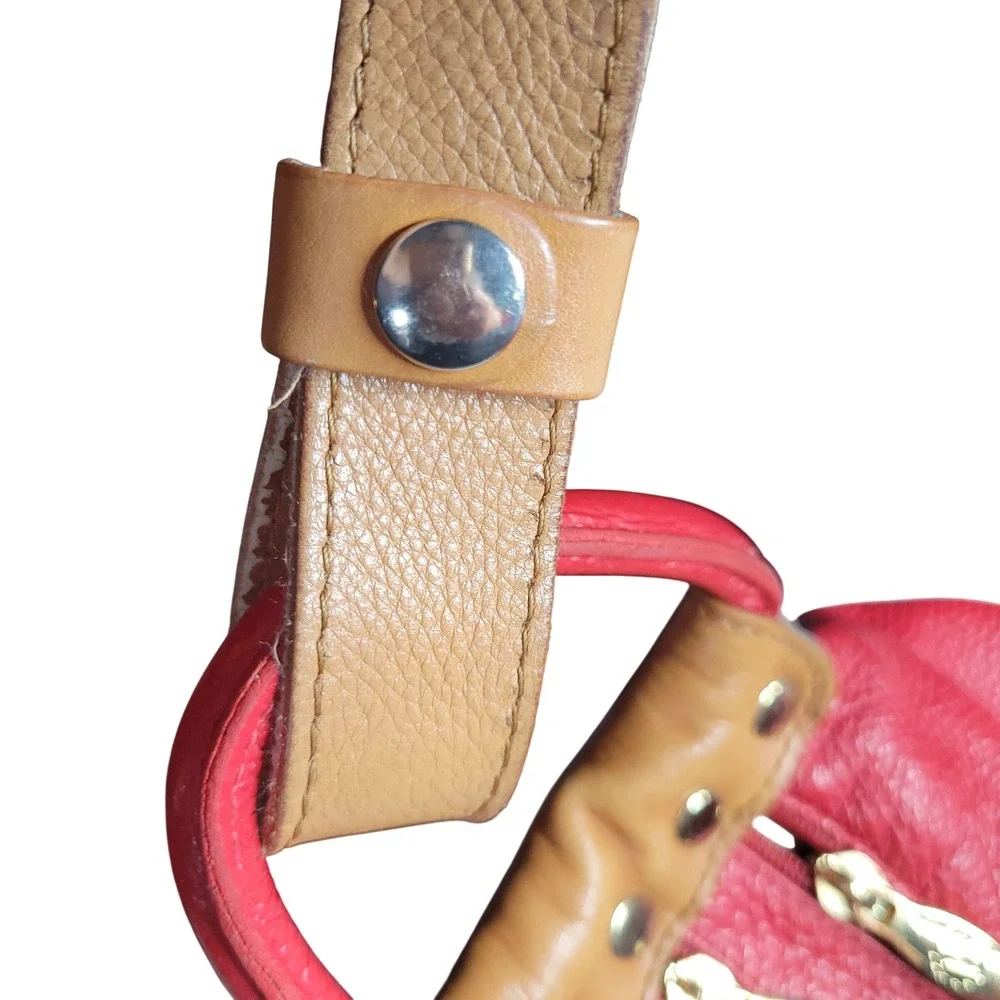 Valentina Red Pebbled Leather Hobo Shoulder Bag Tan Gold Hardware Italian READ